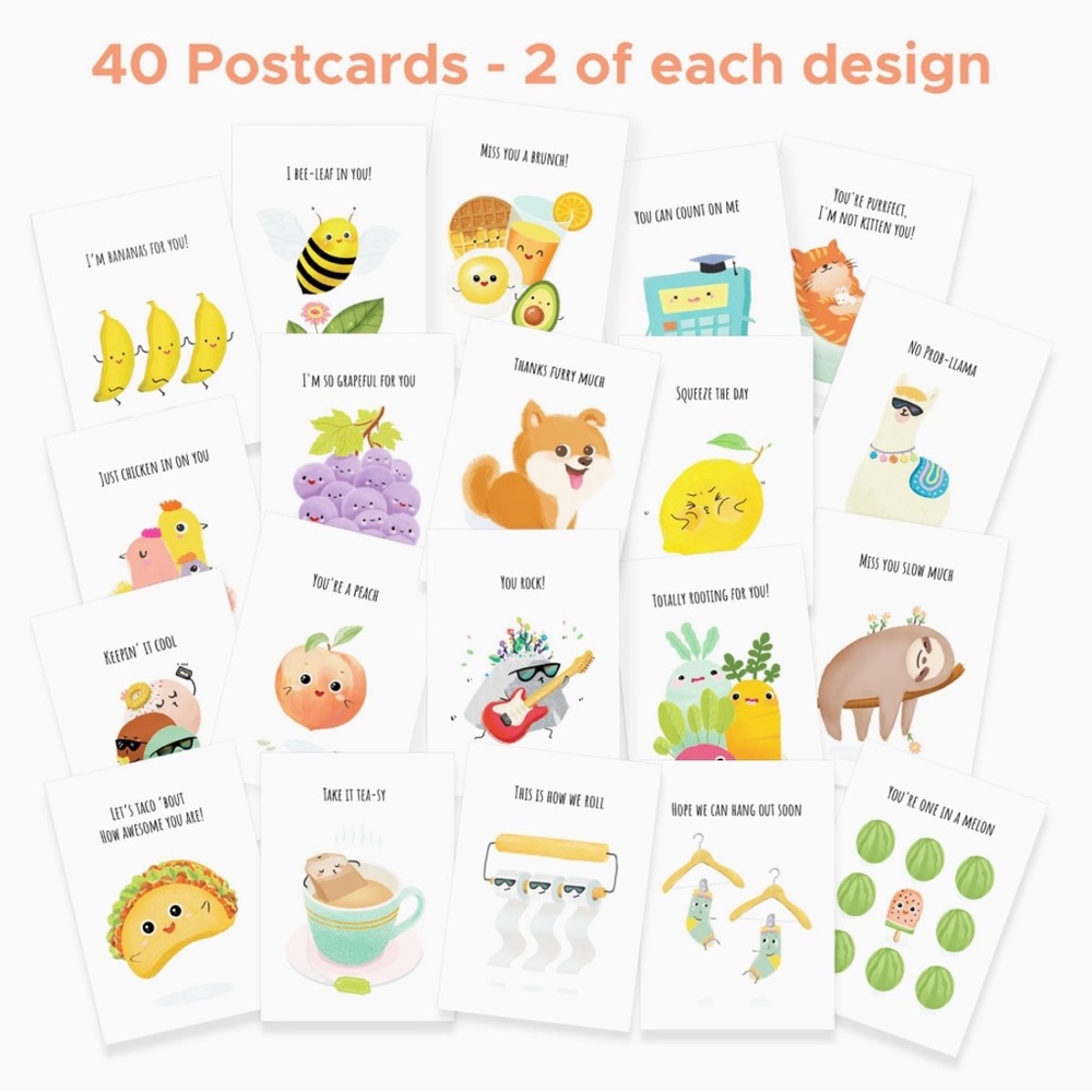 NWT Punny Food-Animal Cartoon Postcards (Pack of 40) - Great for Kids!